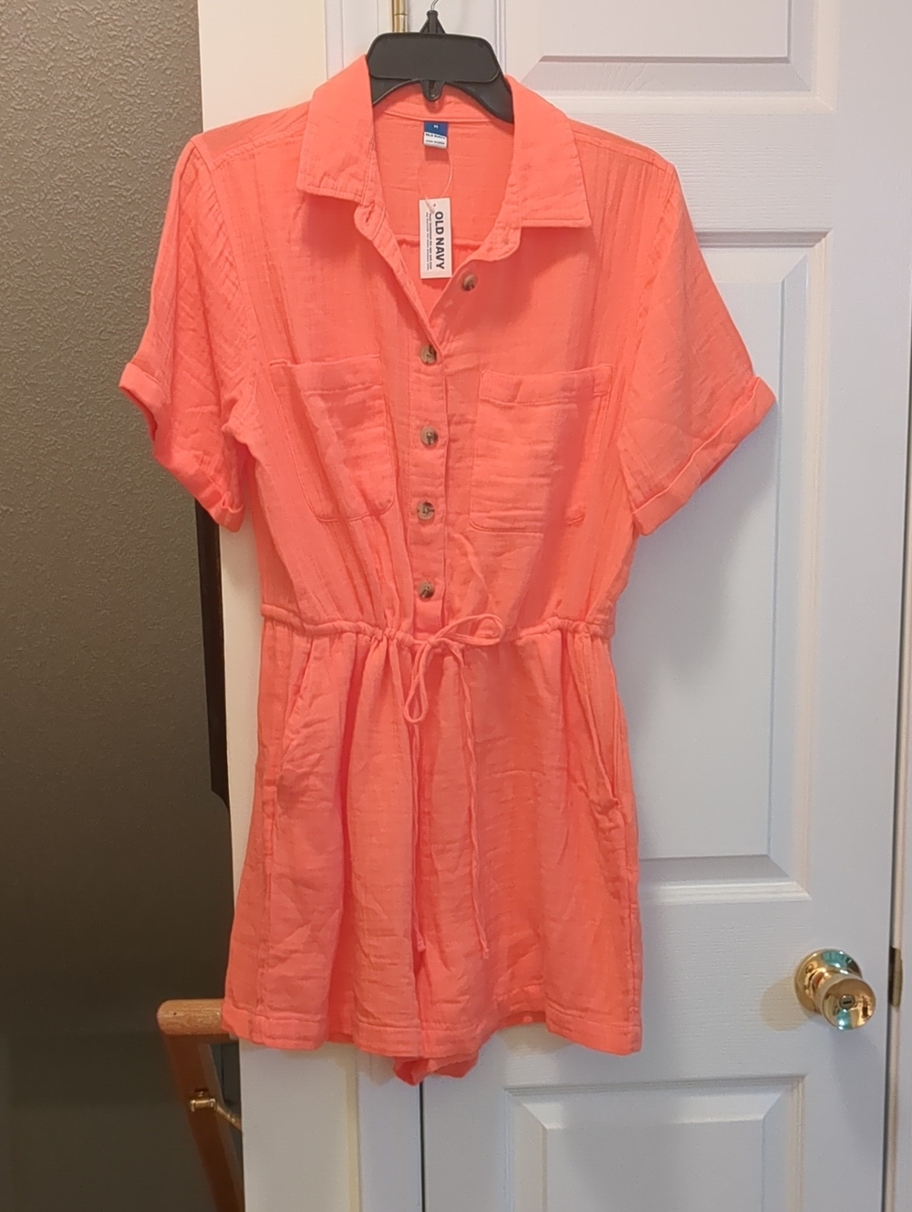 Old Navy Coral Drawstring Short Sleeve Romper